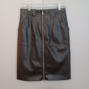 Vegan Faux Leather High Waist Pencil Skirt With Front Silver Zipper